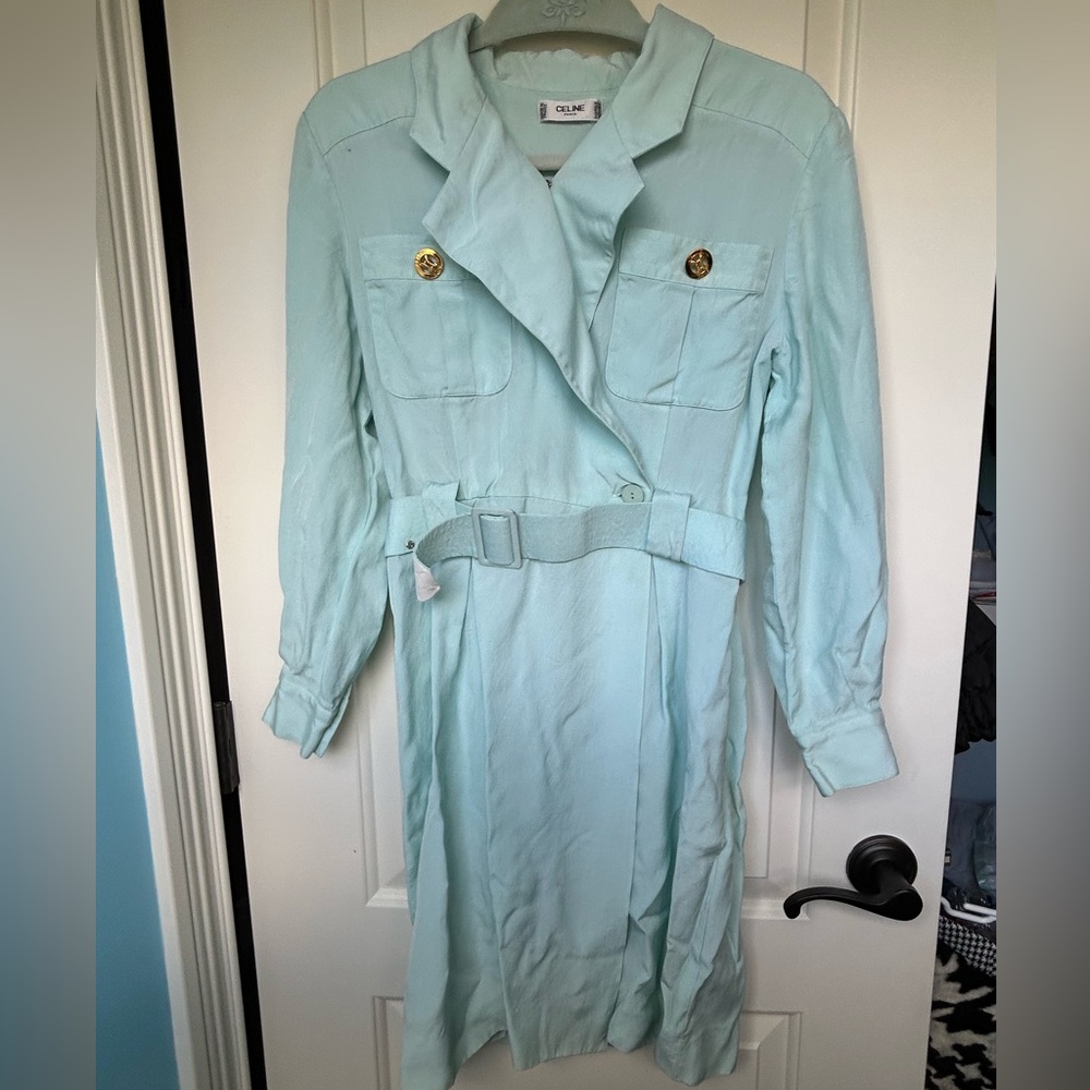 Celine Vintage Mint Green Trench Style Dress with Gold Buttons